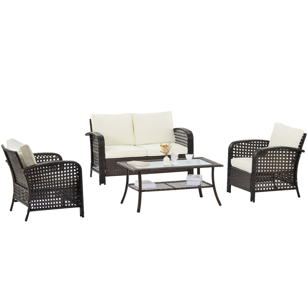 4-Pieces Rattan Outdoor Sofa Sets with Glass-Tabletop Coffee Table with Storage Shelf