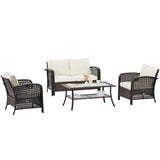 4-Pieces Rattan Outdoor Sofa Sets with Glass-Tabletop Coffee Table with Storage Shelf