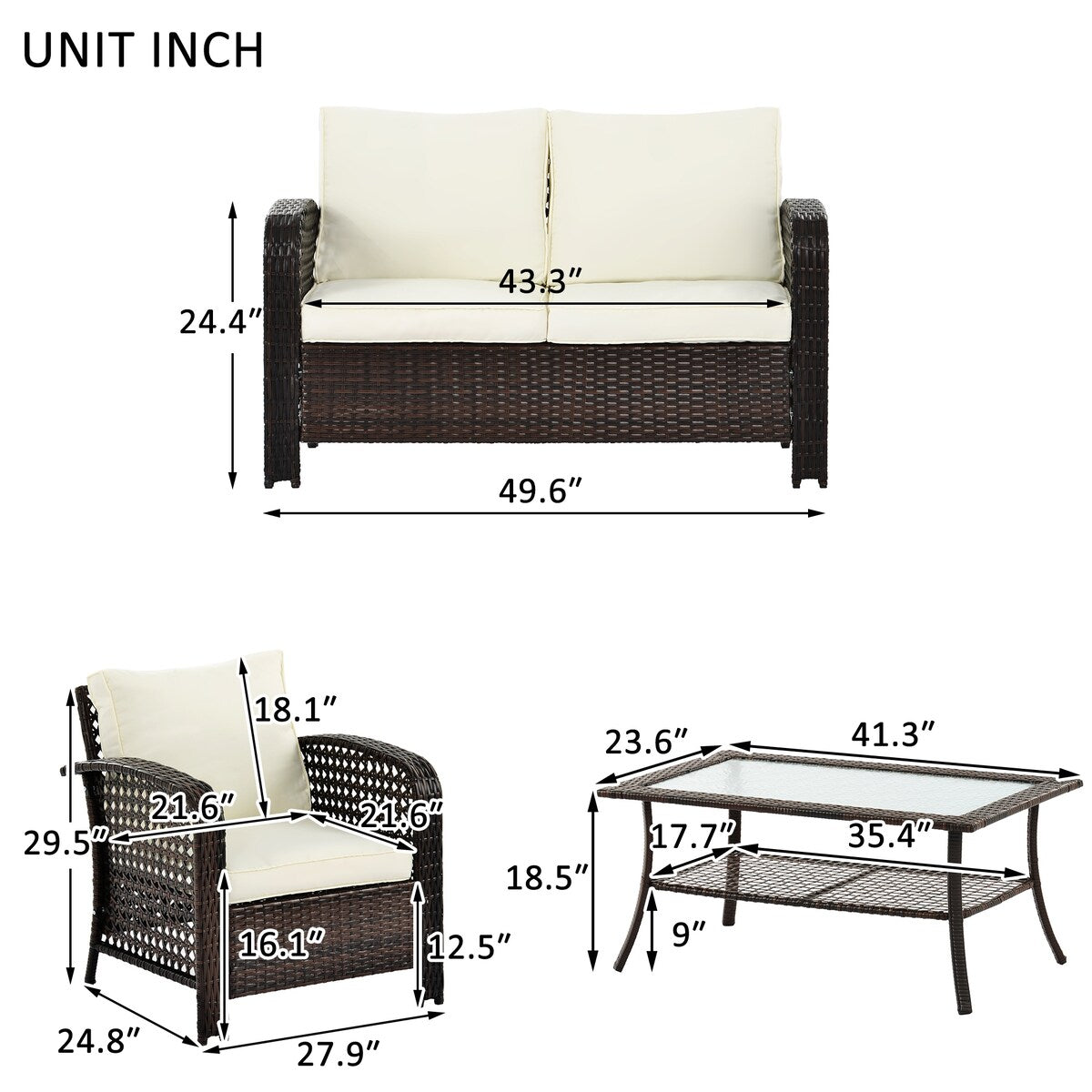 4-Pieces Rattan Outdoor Sofa Sets with Glass-Tabletop Coffee Table with Storage Shelf