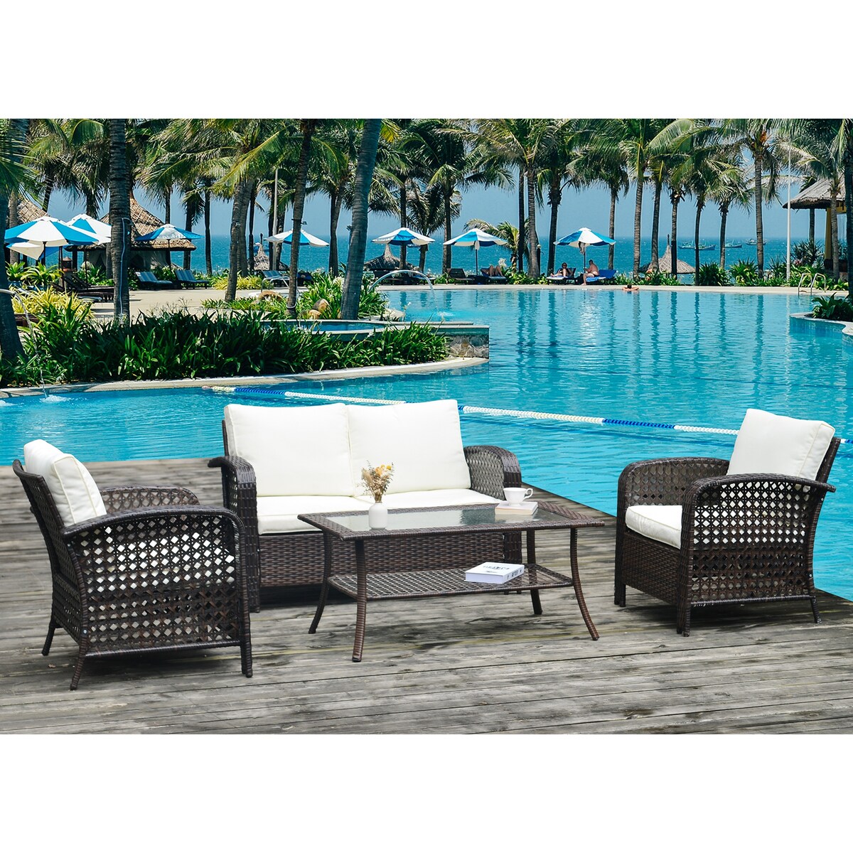 4-Pieces Rattan Outdoor Sofa Sets with Glass-Tabletop Coffee Table with Storage Shelf