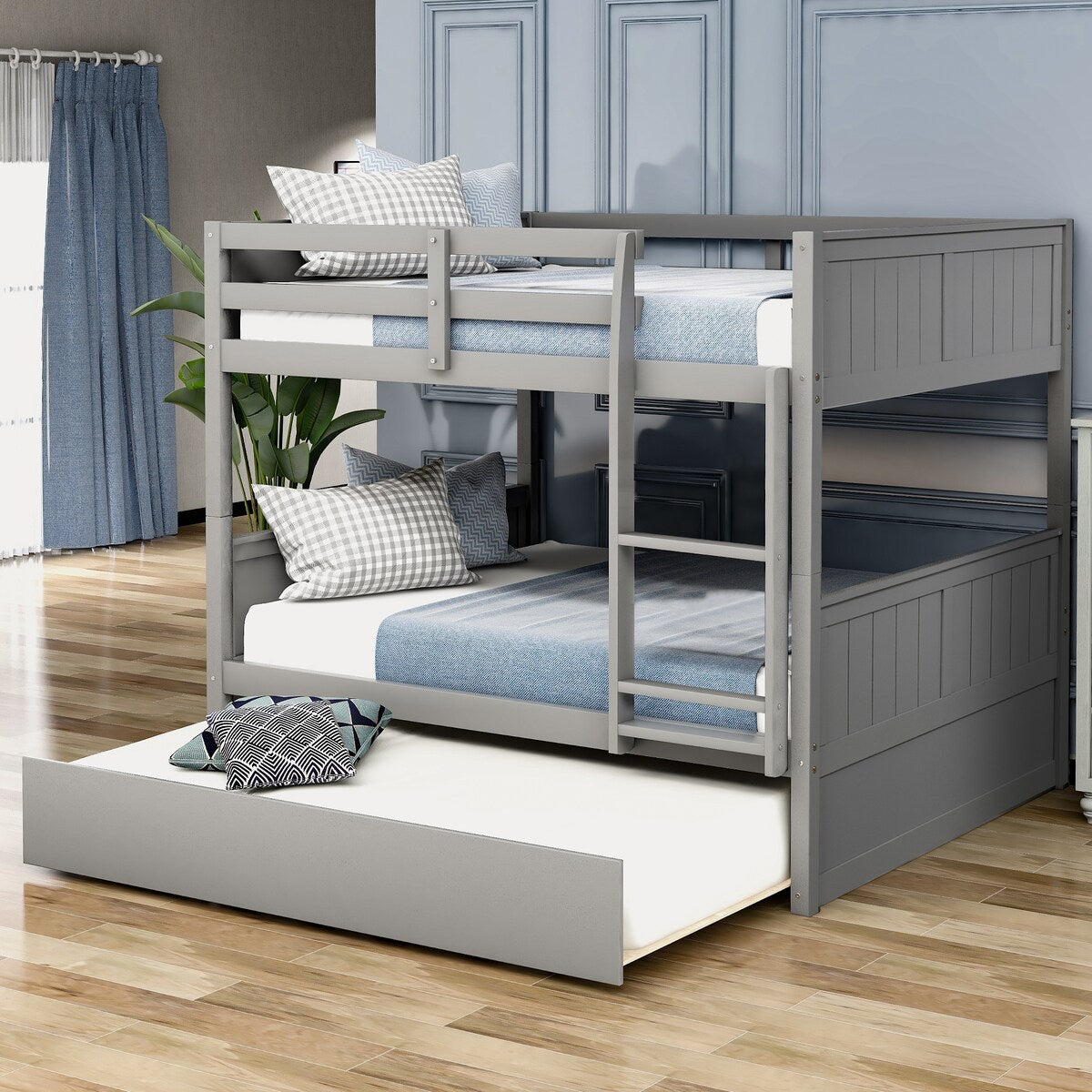 Gray Solid Wood Full Over Full Bunk Bed with Trundle, Separate Design Bunk Bed