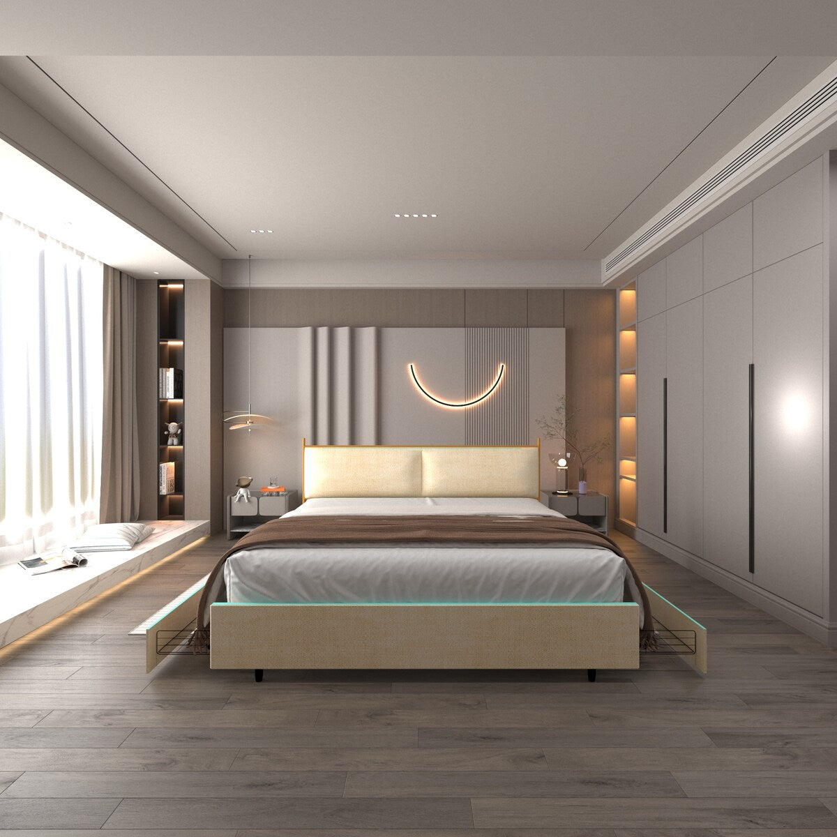 Full Size Platform Bed with Upholstered Headboard and Four Storage Drawers