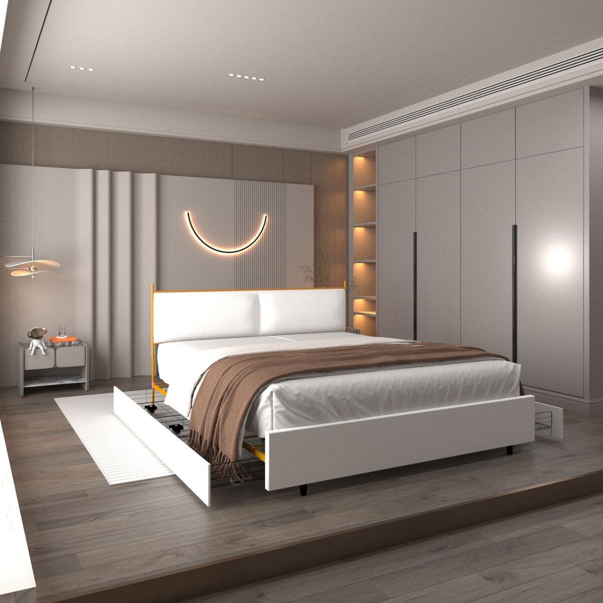 Full Size Platform Bed with Upholstered Headboard and Four Storage Drawers
