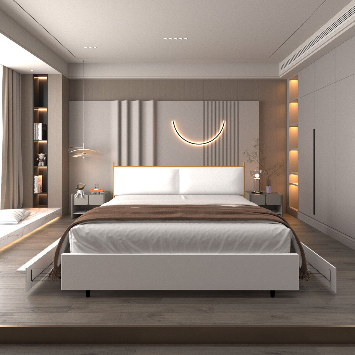 Full Size Platform Bed with Upholstered Headboard and Four Storage Drawers