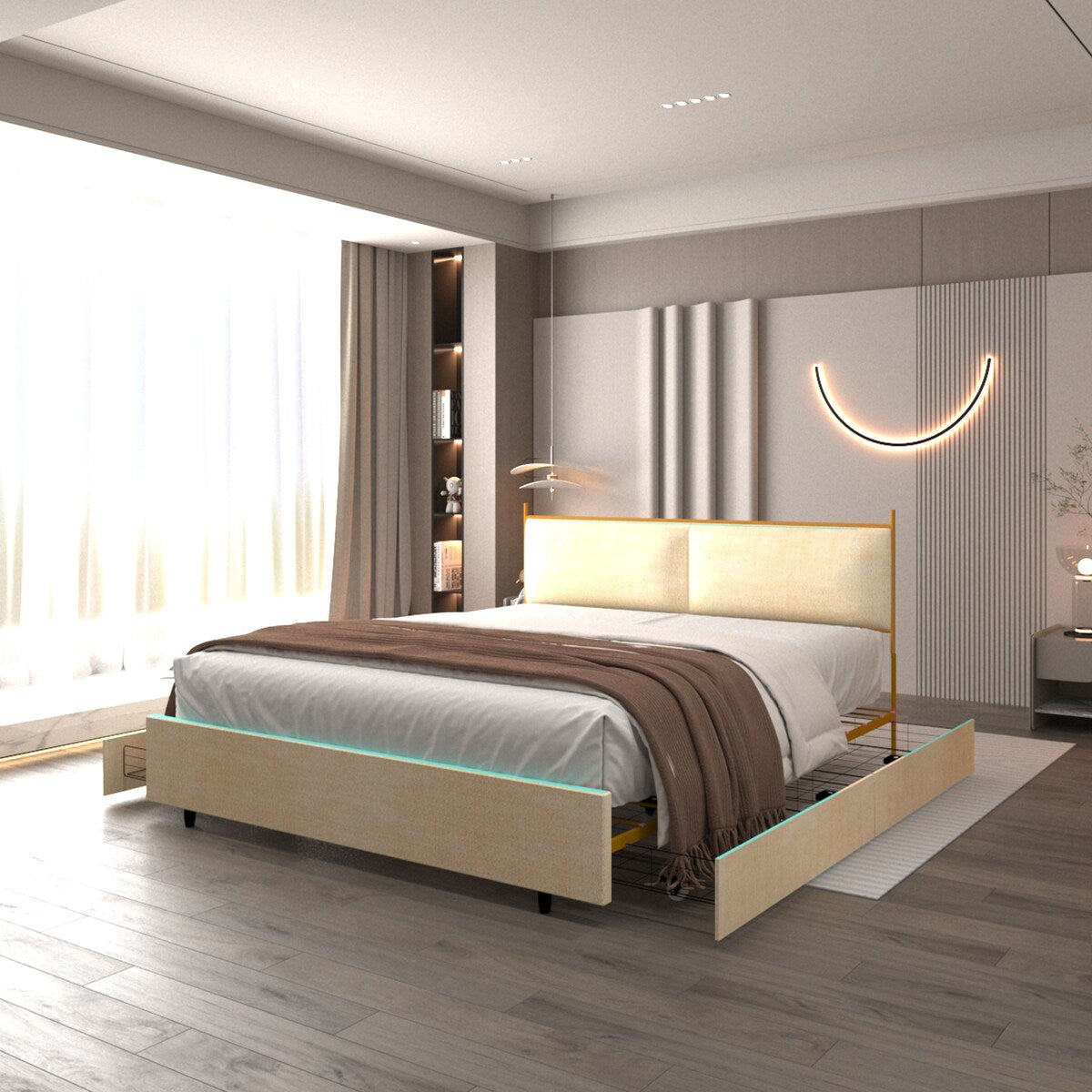 Full Size Platform Bed with Upholstered Headboard and Four Storage Drawers