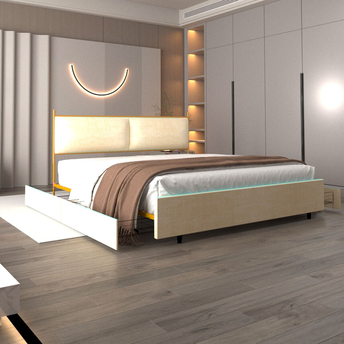 Full Size Platform Bed with Upholstered Headboard and Four Storage Drawers