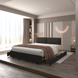 Full Size Platform Bed with Upholstered Headboard and Four Storage Drawers