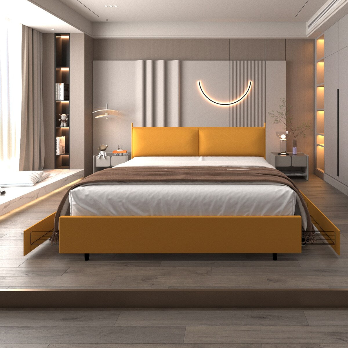 Full Size Platform Bed with Upholstered Headboard and Four Storage Drawers