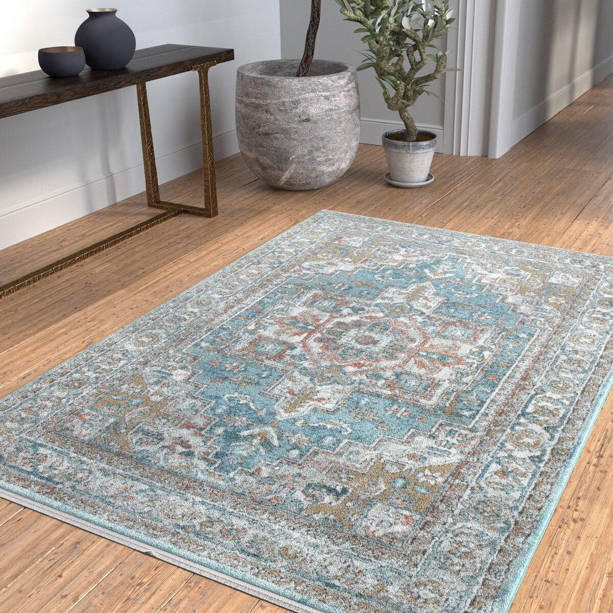 Laguna Highland Blue Natural Coral Ivory Area Rug 4"x6" - 9'3" x 12'3