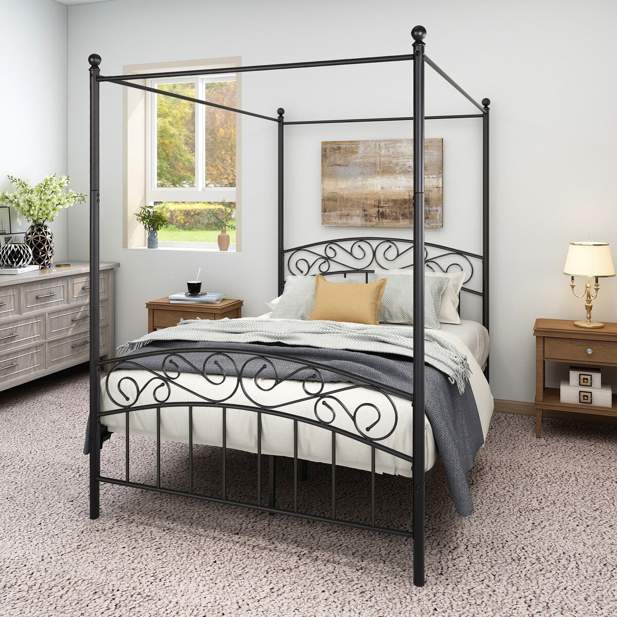 Metal Canopy Bed Frame with Ornate European Style Headboard & Footboard Sturdy Steel Holds 600lbs,Full, Black