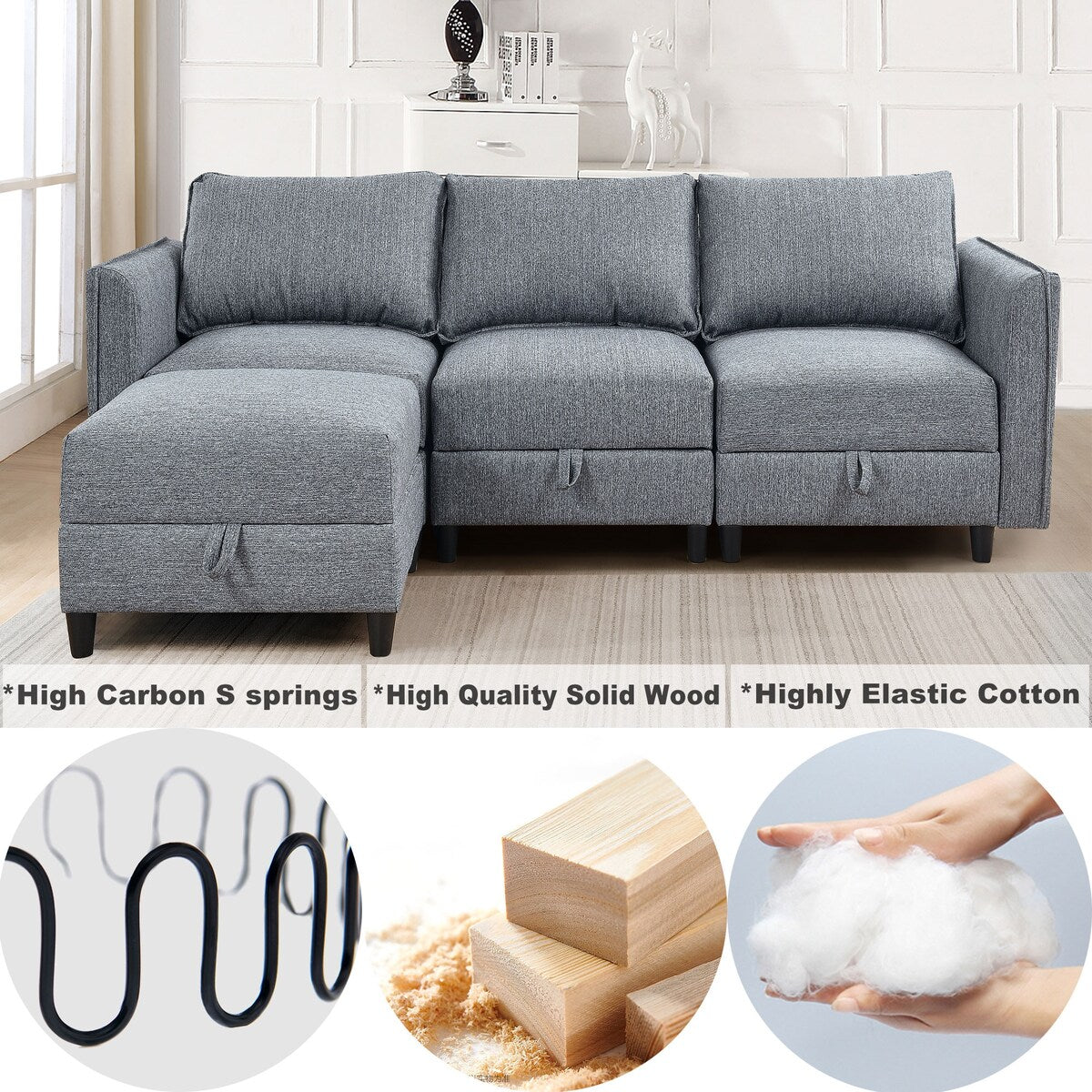 Modular Sectional Sofa L Shaped Convertible Couch with Reversible Chaise, Storage Seat with Ottomans