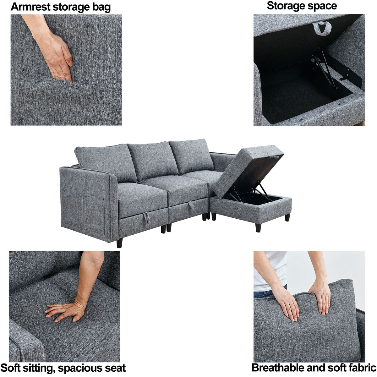 Modular Sectional Sofa L Shaped Convertible Couch with Reversible Chaise, Storage Seat with Ottomans