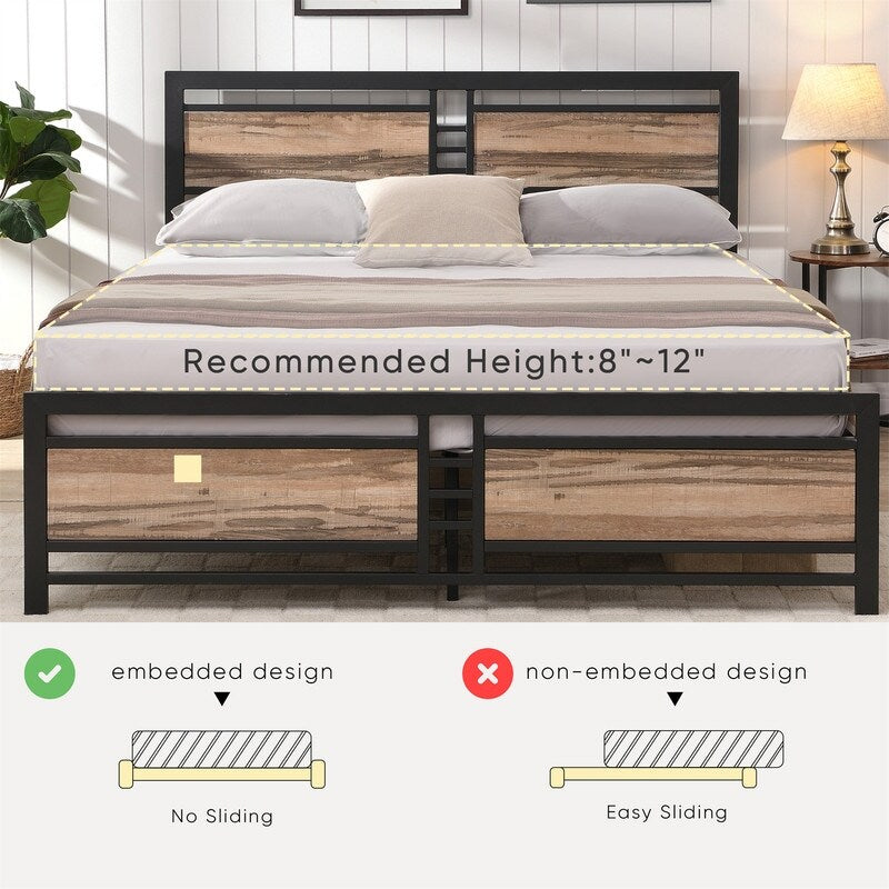 Queen Size Metal Platform Bed Frame with Wood Headboard and Footboard, Heavy Duty Bed with Slat Support