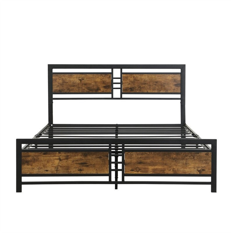 Queen Size Metal Platform Bed Frame with Wood Headboard and Footboard, Heavy Duty Bed with Slat Support