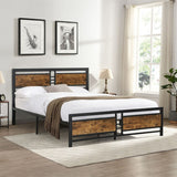 Queen Size Metal Platform Bed Frame with Wood Headboard and Footboard, Heavy Duty Bed with Slat Support