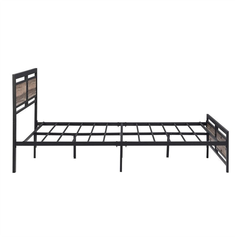 Queen Size Metal Platform Bed Frame with Wood Headboard and Footboard, Heavy Duty Bed with Slat Support