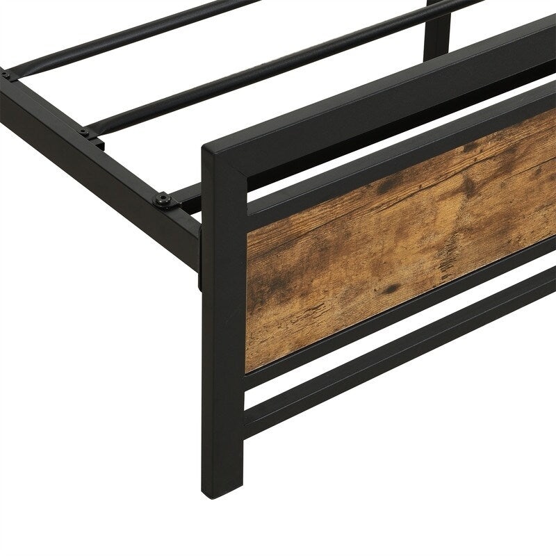 Queen Size Metal Platform Bed Frame with Wood Headboard and Footboard, Heavy Duty Bed with Slat Support