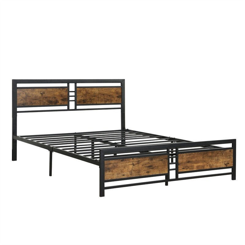 Queen Size Metal Platform Bed Frame with Wood Headboard and Footboard, Heavy Duty Bed with Slat Support