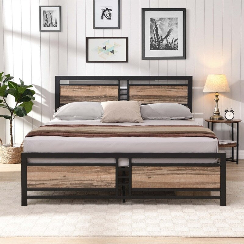 Queen Size Metal Platform Bed Frame with Wood Headboard and Footboard, Heavy Duty Bed with Slat Support