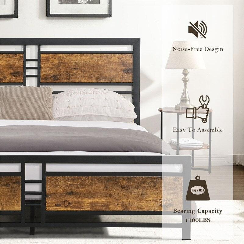 Queen Size Metal Platform Bed Frame with Wood Headboard and Footboard, Heavy Duty Bed with Slat Support