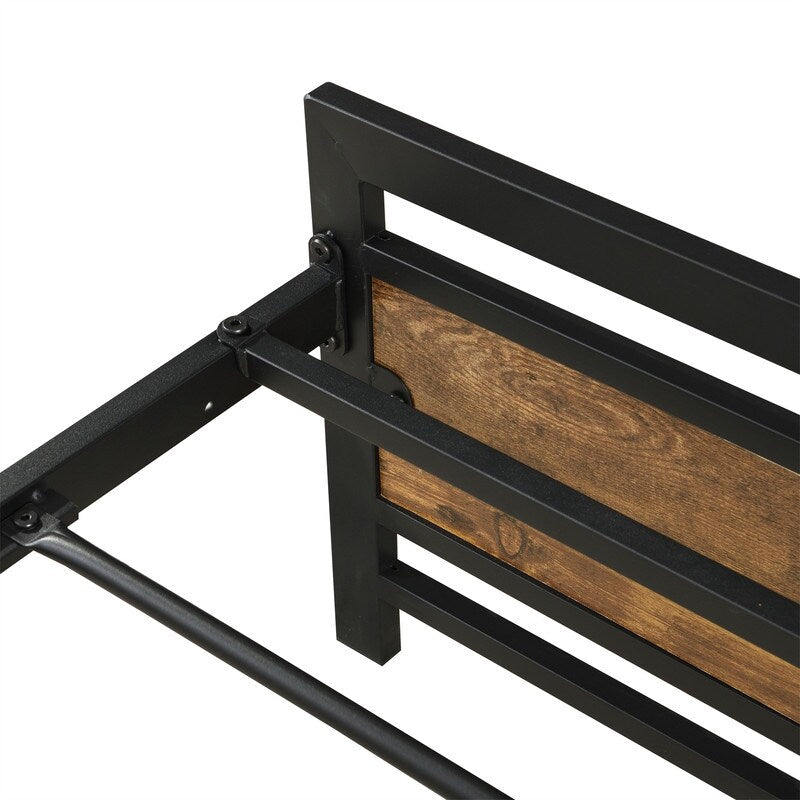 Queen Size Metal Platform Bed Frame with Wood Headboard and Footboard, Heavy Duty Bed with Slat Support