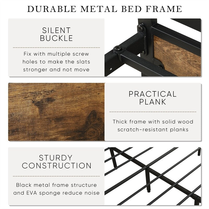 Queen Size Metal Platform Bed Frame with Wood Headboard and Footboard, Heavy Duty Bed with Slat Support