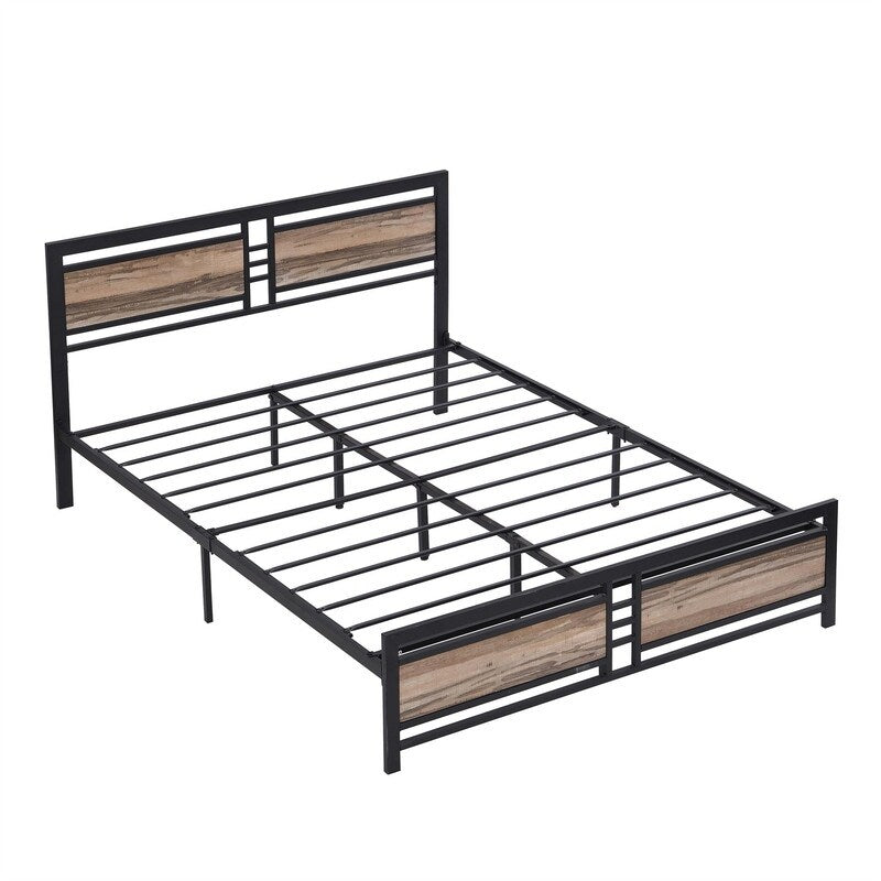 Queen Size Metal Platform Bed Frame with Wood Headboard and Footboard, Heavy Duty Bed with Slat Support