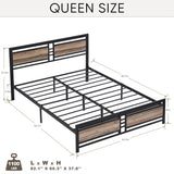 Queen Size Metal Platform Bed Frame with Wood Headboard and Footboard, Heavy Duty Bed with Slat Support