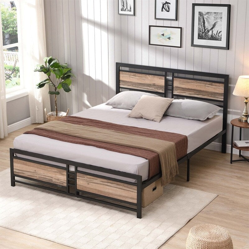Queen Size Metal Platform Bed Frame with Wood Headboard and Footboard, Heavy Duty Bed with Slat Support