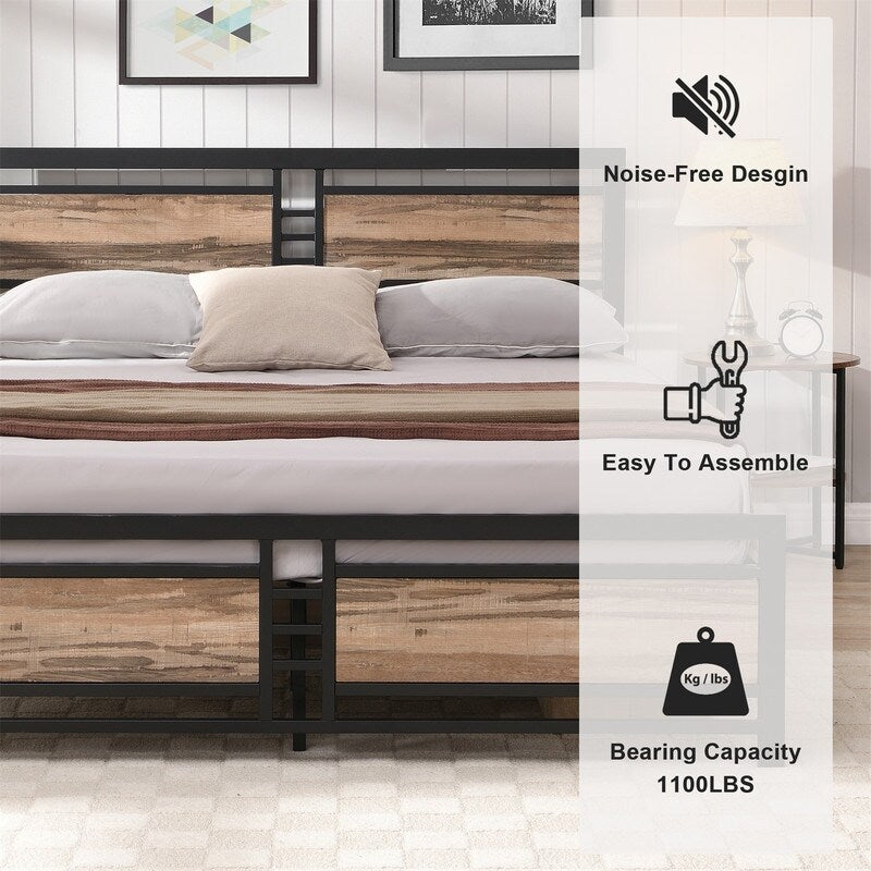 Queen Size Metal Platform Bed Frame with Wood Headboard and Footboard, Heavy Duty Bed with Slat Support