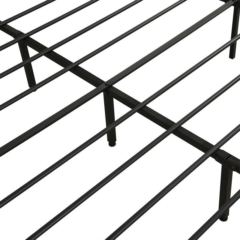 Queen Size Metal Platform Bed Frame with Wood Headboard and Footboard, Heavy Duty Bed with Slat Support