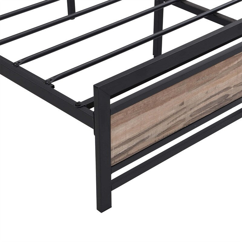 Queen Size Metal Platform Bed Frame with Wood Headboard and Footboard, Heavy Duty Bed with Slat Support