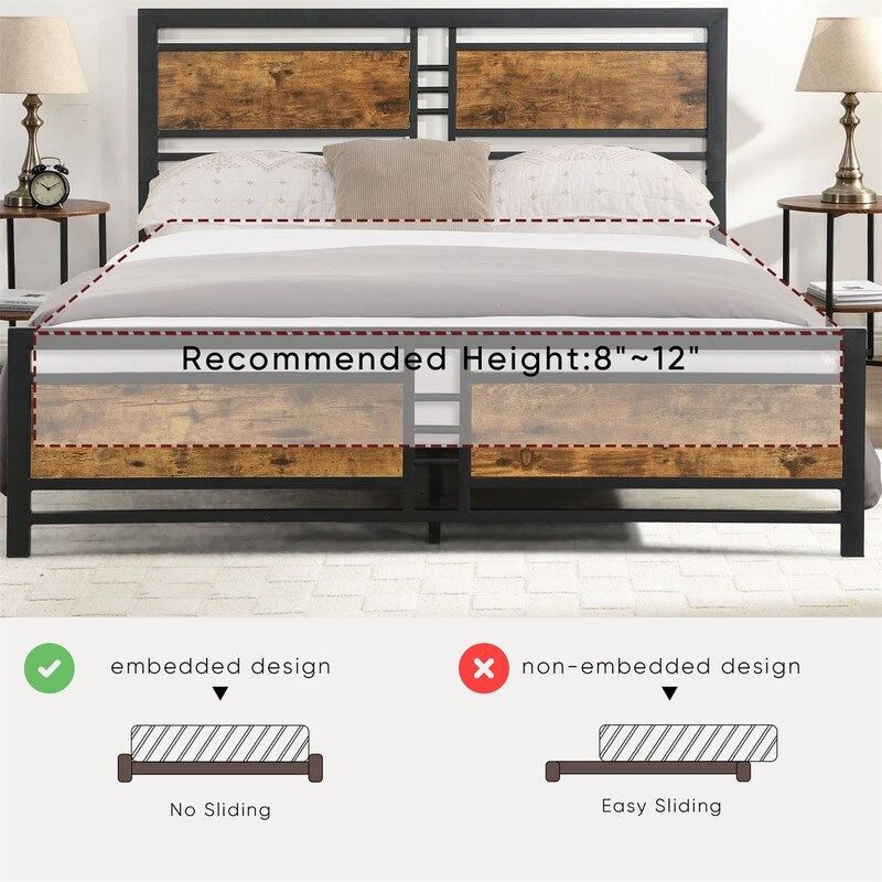 Queen Size Metal Platform Bed Frame with Wood Headboard and Footboard, Heavy Duty Bed with Slat Support