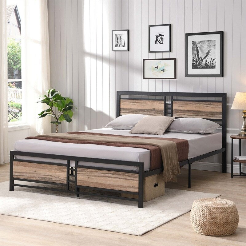 Queen Size Metal Platform Bed Frame with Wood Headboard and Footboard, Heavy Duty Bed with Slat Support