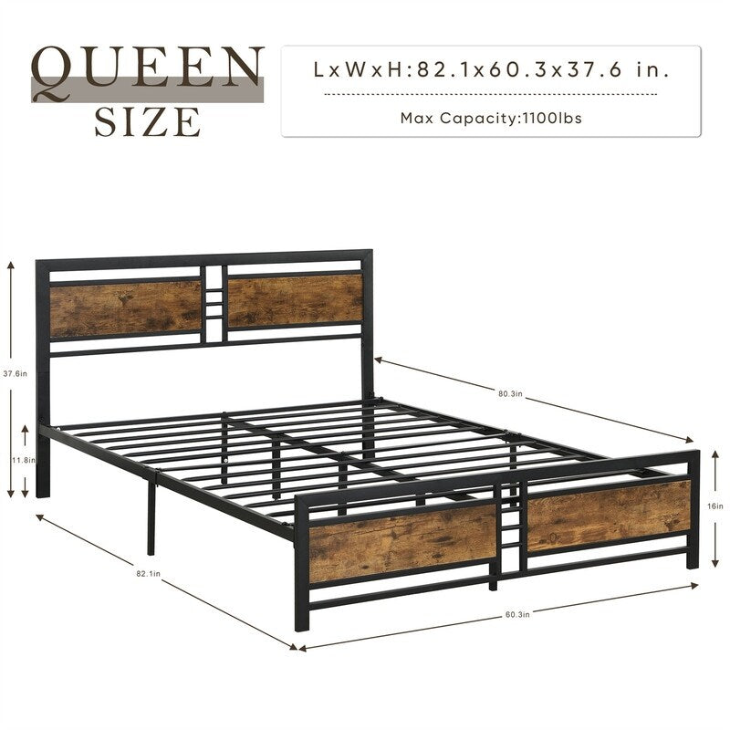 Queen Size Metal Platform Bed Frame with Wood Headboard and Footboard, Heavy Duty Bed with Slat Support