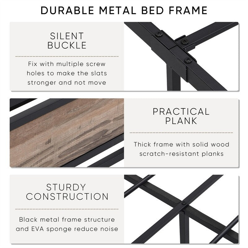Queen Size Metal Platform Bed Frame with Wood Headboard and Footboard, Heavy Duty Bed with Slat Support