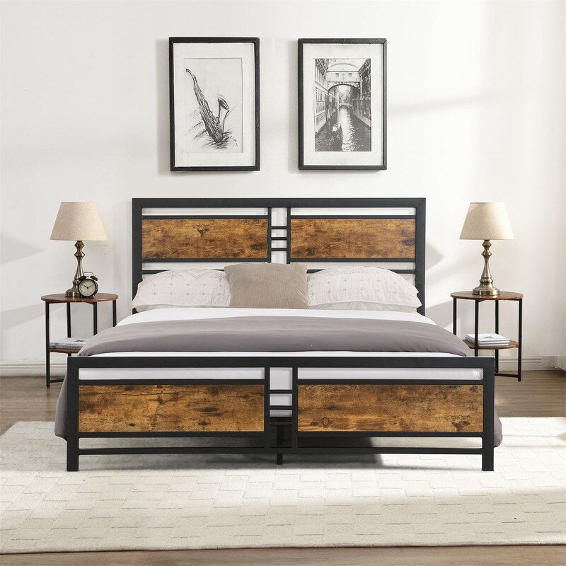 Queen Size Metal Platform Bed Frame with Wood Headboard and Footboard, Heavy Duty Bed with Slat Support