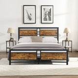 Queen Size Metal Platform Bed Frame with Wood Headboard and Footboard, Heavy Duty Bed with Slat Support