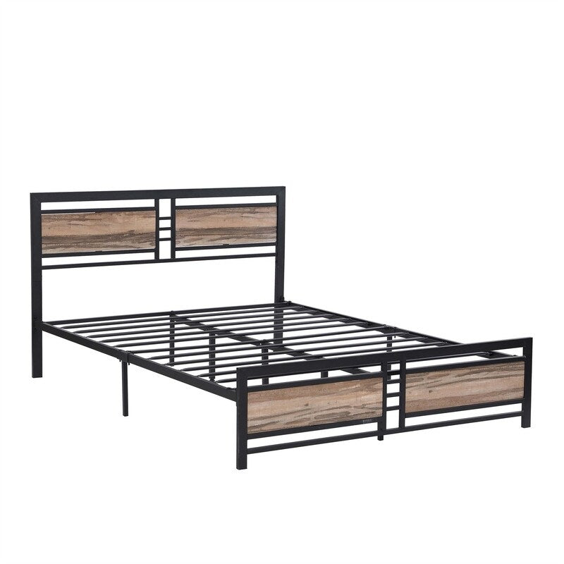 Queen Size Metal Platform Bed Frame with Wood Headboard and Footboard, Heavy Duty Bed with Slat Support