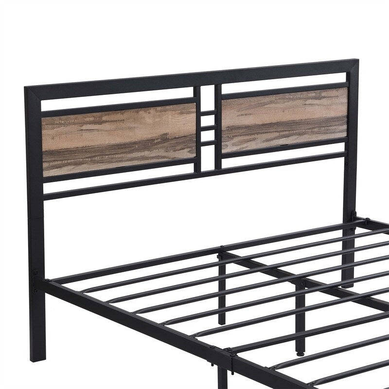 Queen Size Metal Platform Bed Frame with Wood Headboard and Footboard, Heavy Duty Bed with Slat Support