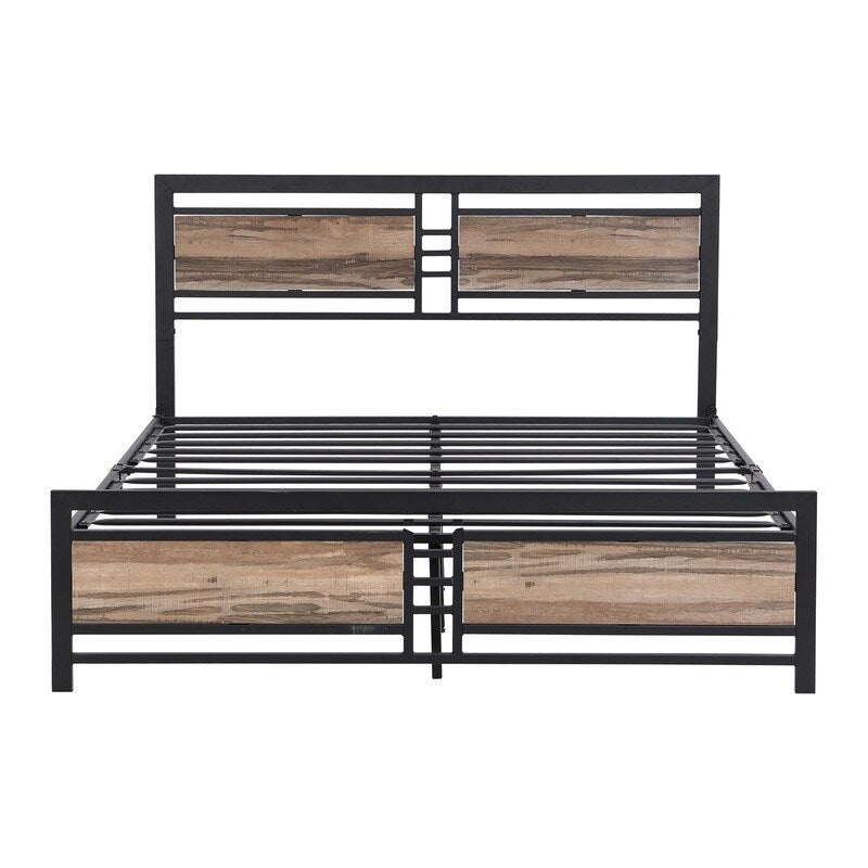 Queen Size Metal Platform Bed Frame with Wood Headboard and Footboard, Heavy Duty Bed with Slat Support