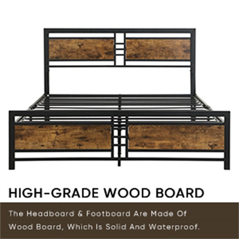 Queen Size Metal Platform Bed Frame with Wood Headboard and Footboard, Heavy Duty Bed with Slat Support