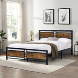 Queen Size Metal Platform Bed Frame with Wood Headboard and Footboard, Heavy Duty Bed with Slat Support