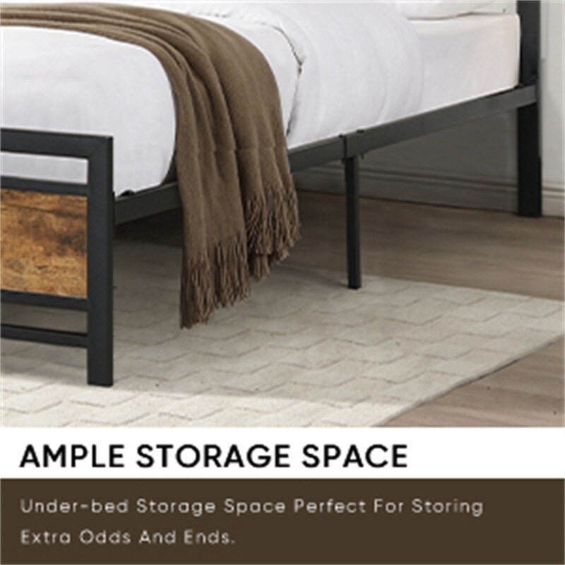 Queen Size Metal Platform Bed Frame with Wood Headboard and Footboard, Heavy Duty Bed with Slat Support