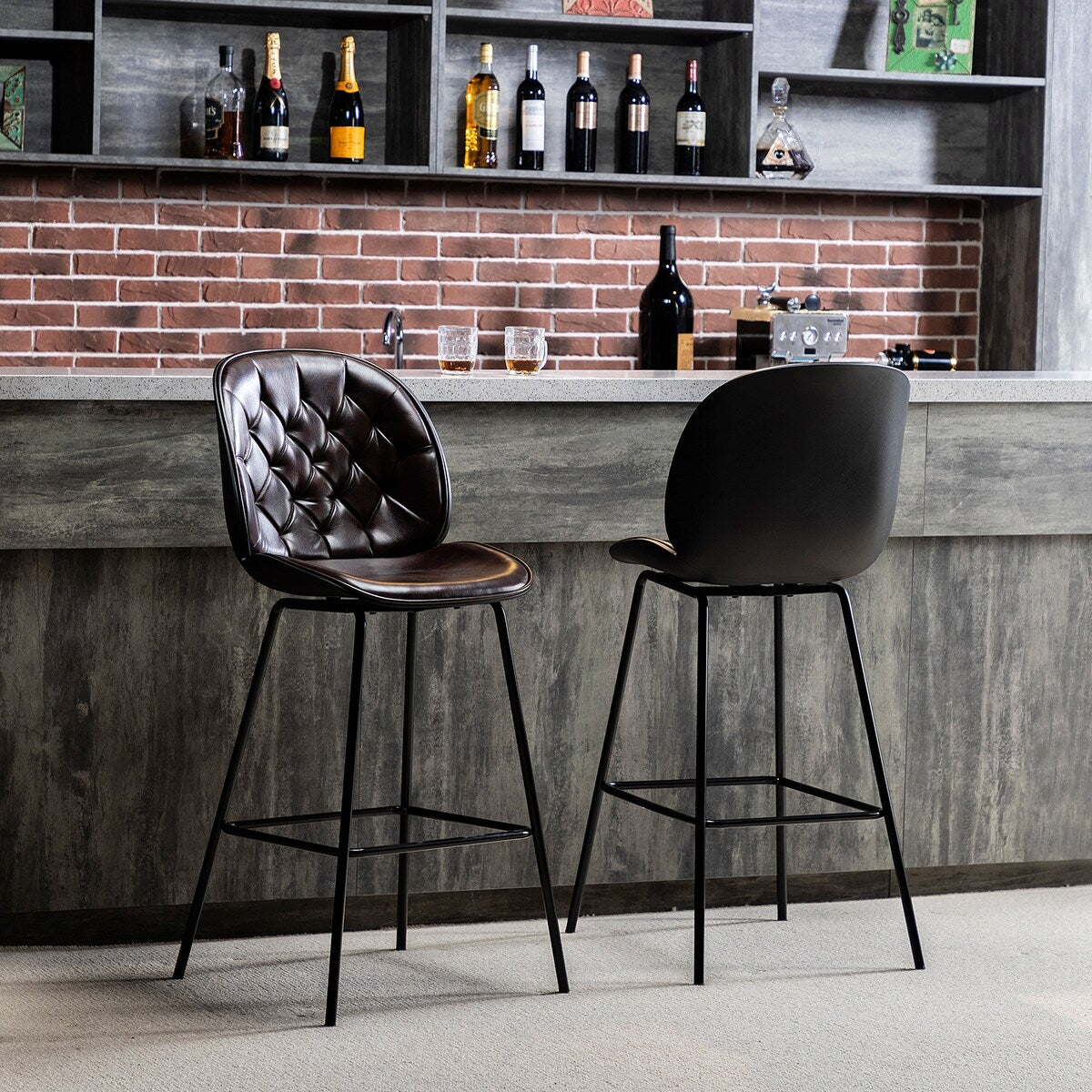 Set of 2 Lucifer Counter & Bar Stool with Tufted Back and Metal Base