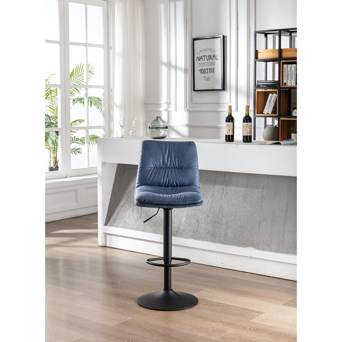 Set of 2, Hight Adjustable Upholstered Swivel Barstools with Ergonomic Backrest, Footrest and Black Metal Leg