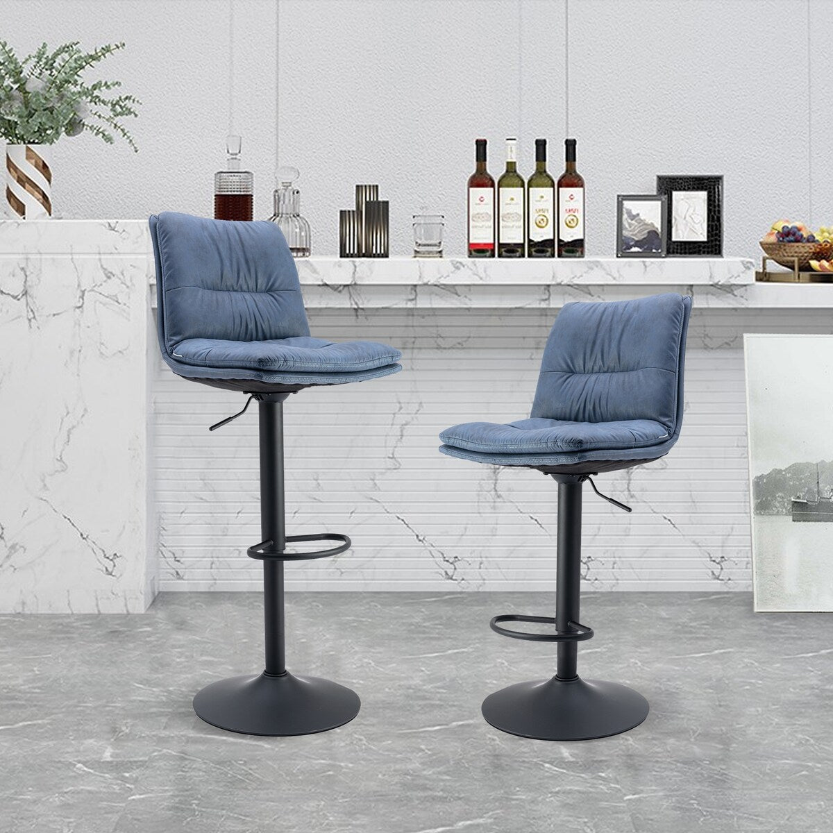 Set of 2, Hight Adjustable Upholstered Swivel Barstools with Ergonomic Backrest, Footrest and Black Metal Leg