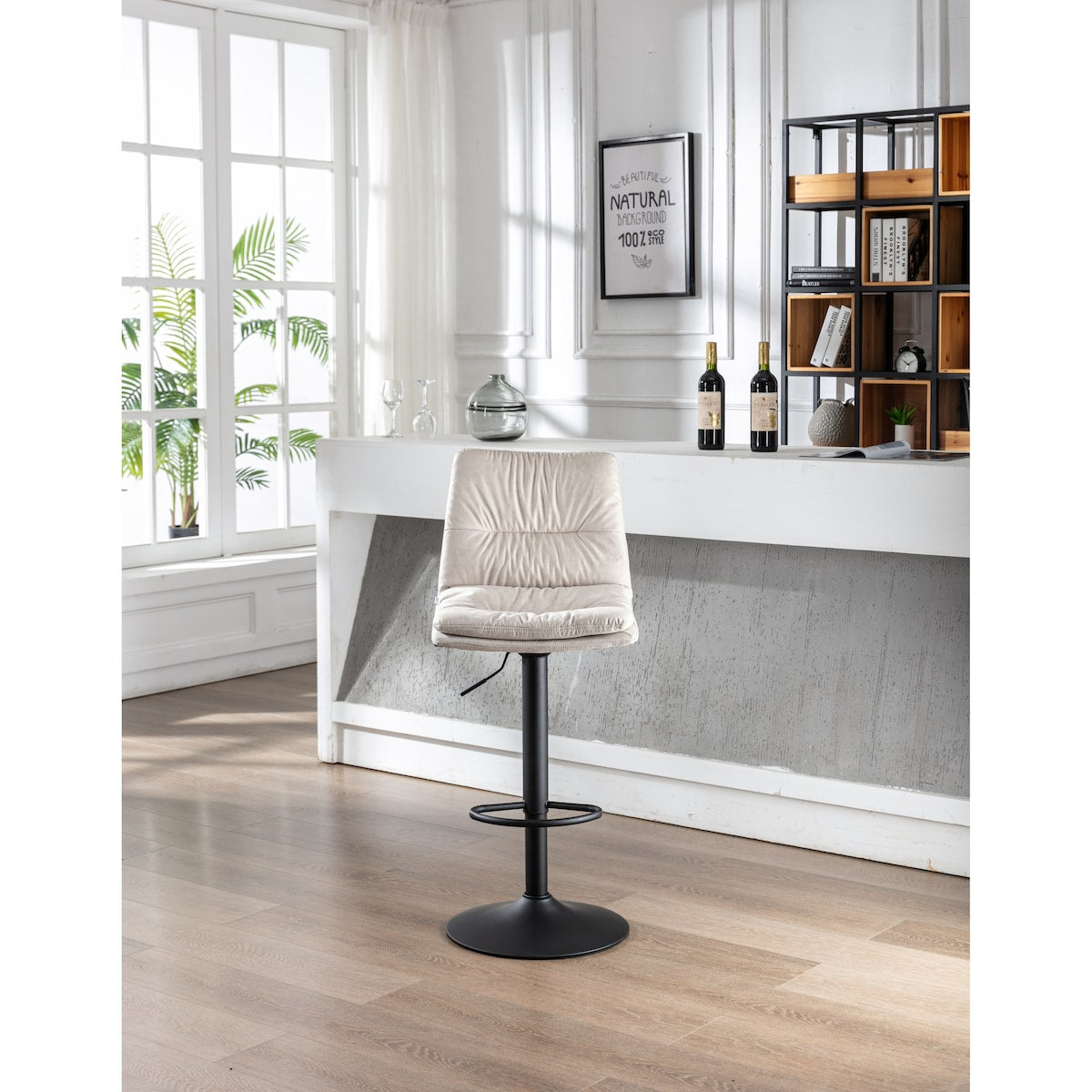 Set of 2, Hight Adjustable Upholstered Swivel Barstools with Ergonomic Backrest, Footrest and Black Metal Leg
