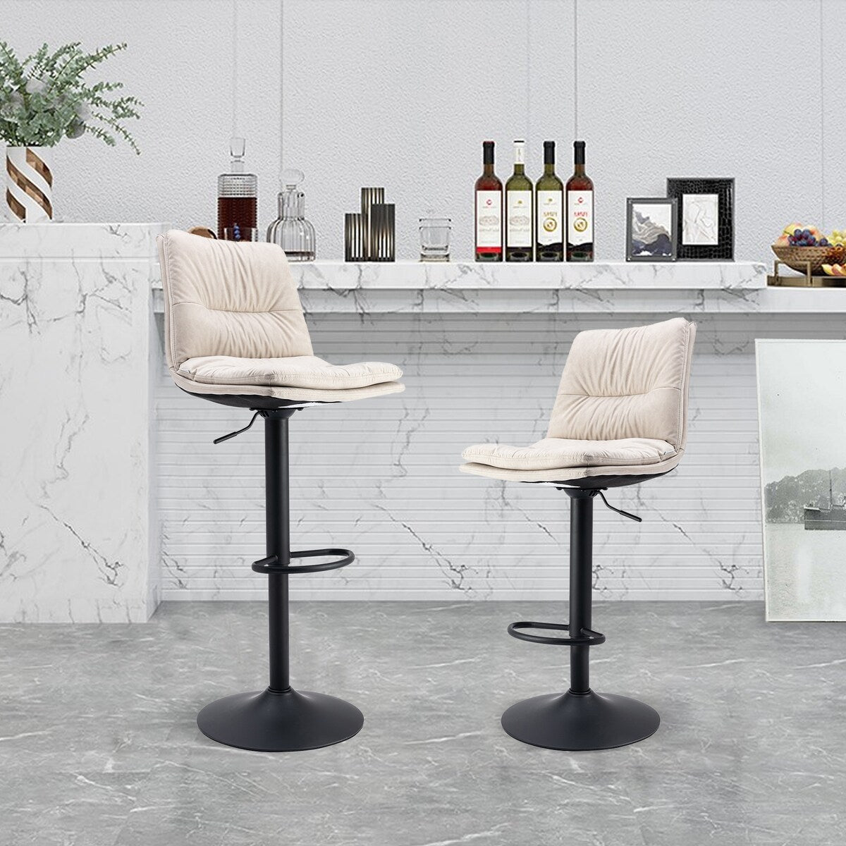 Set of 2, Hight Adjustable Upholstered Swivel Barstools with Ergonomic Backrest, Footrest and Black Metal Leg