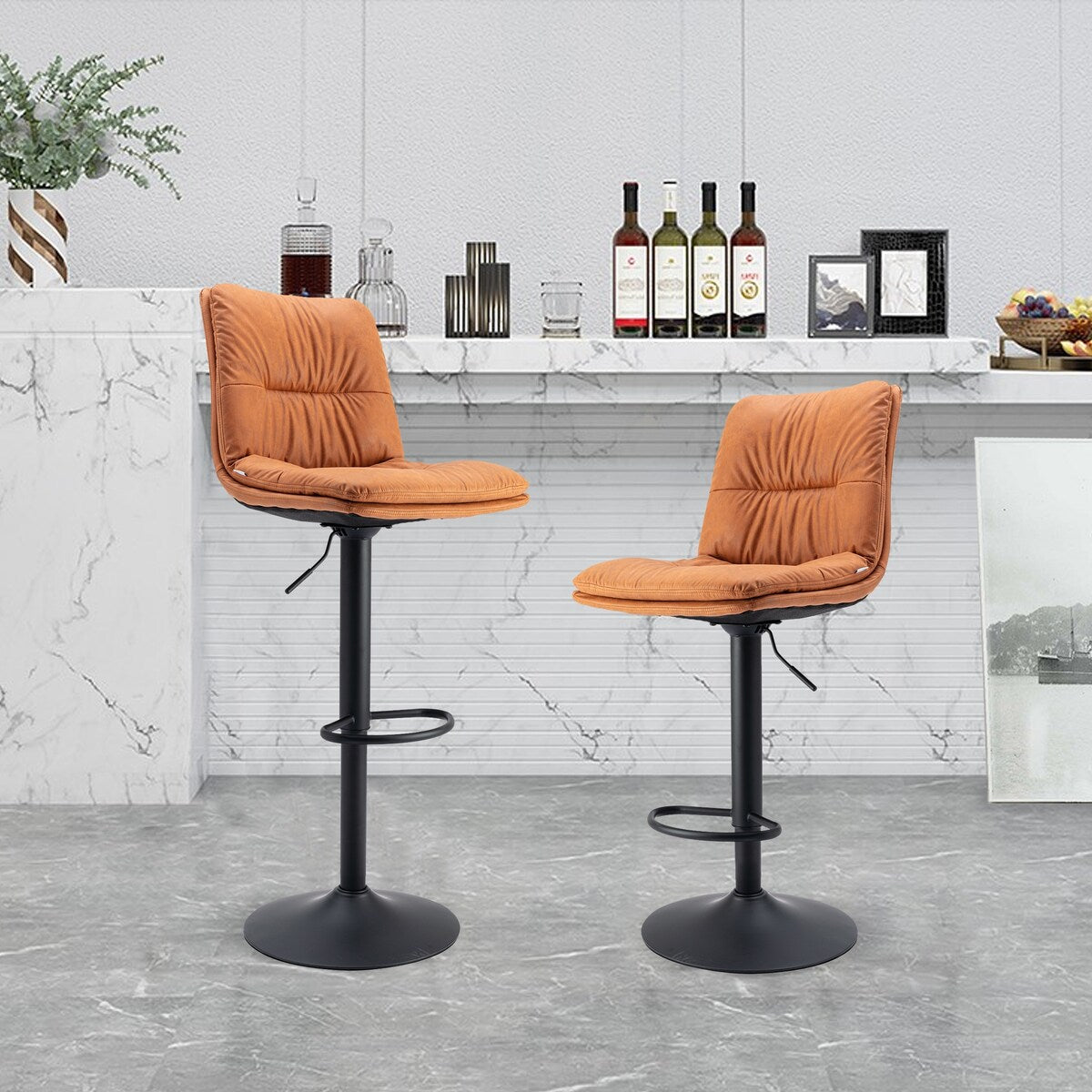 Set of 2, Hight Adjustable Upholstered Swivel Barstools with Ergonomic Backrest, Footrest and Black Metal Leg